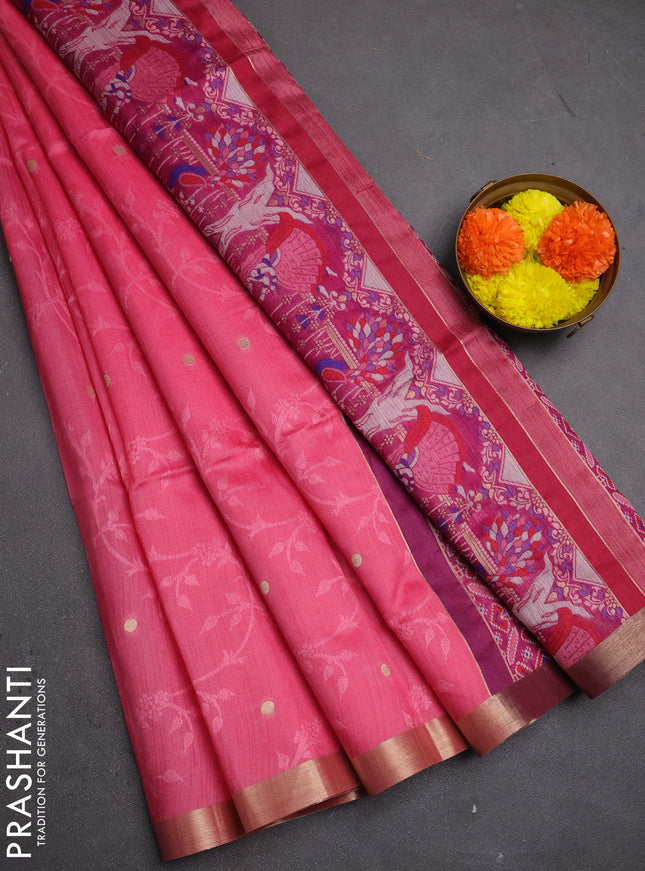 Semi dupion saree peach pink and magenta pink with allover thread & zari weaves and zari woven border
