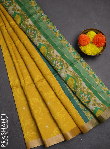 Semi dupion saree mustard yellow and green with allover thread & zari weaves and zari woven border