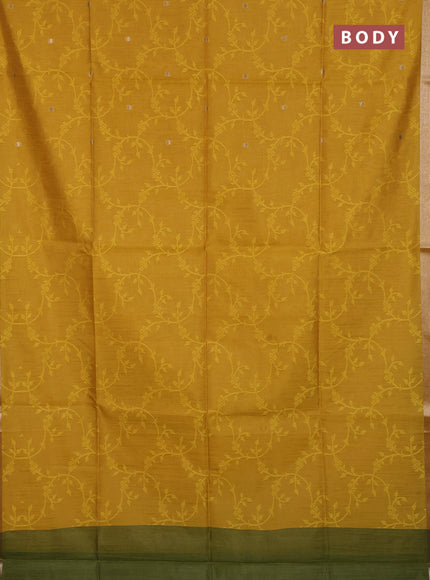 Semi dupion saree mustard yellow and green with allover thread & zari weaves and zari woven border