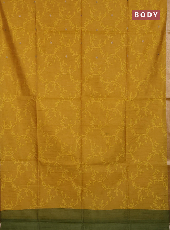 Semi dupion saree mustard yellow and green with allover thread & zari weaves and zari woven border