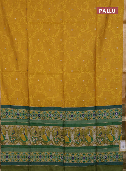 Semi dupion saree mustard yellow and green with allover thread & zari weaves and zari woven border