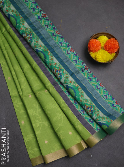 Semi dupion saree light green and green with allover thread & zari weaves and zari woven border