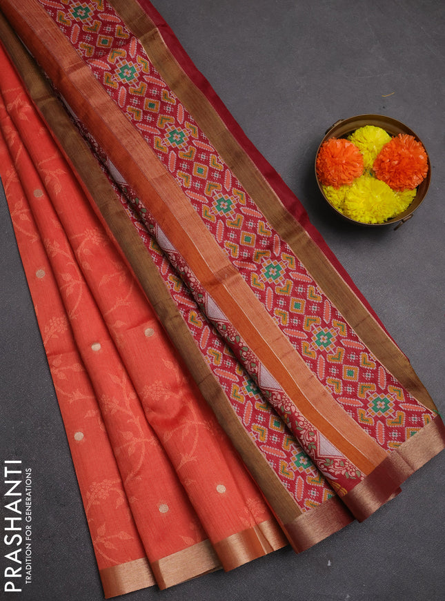 Semi dupion saree peach orange and maroon with allover thread & zari weaves and zari woven border