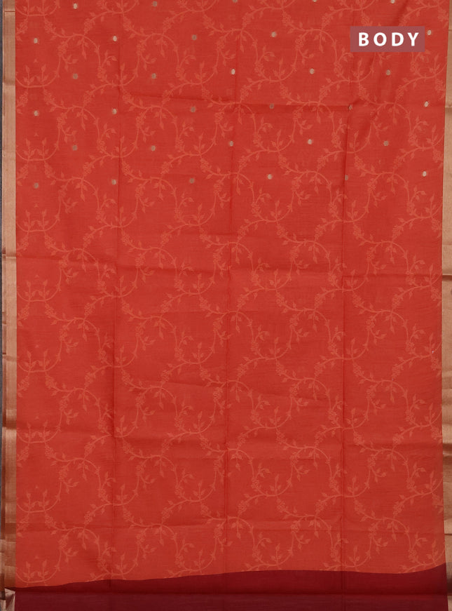 Semi dupion saree peach orange and maroon with allover thread & zari weaves and zari woven border