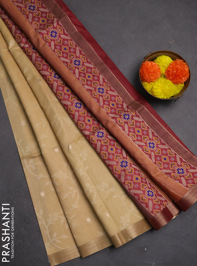 Semi dupion saree beige and maroon with allover thread & zari weaves and zari woven border
