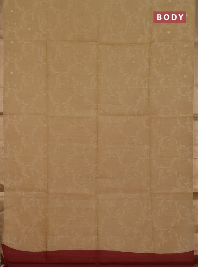Semi dupion saree beige and maroon with allover thread & zari weaves and zari woven border
