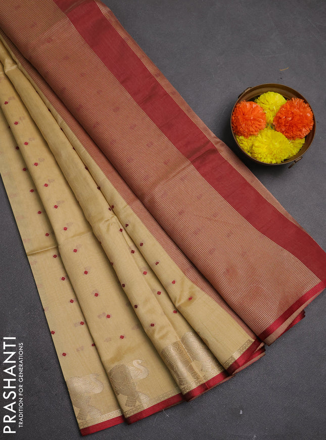 Semi dupion saree beige and maroon with allover bandhani thread woven buttas and zari woven butta border
