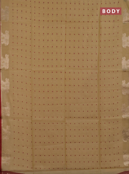 Semi dupion saree beige and maroon with allover bandhani thread woven buttas and zari woven butta border