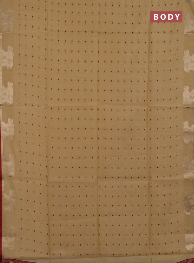 Semi dupion saree beige and maroon with allover bandhani thread woven buttas and zari woven butta border