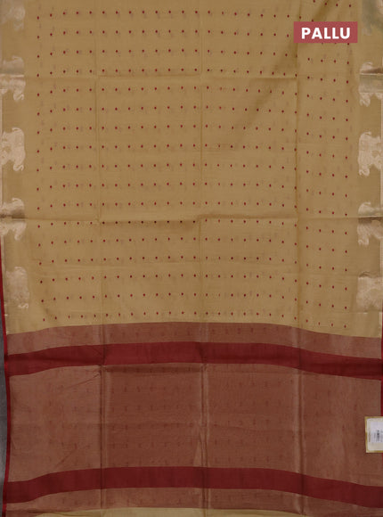 Semi dupion saree beige and maroon with allover bandhani thread woven buttas and zari woven butta border