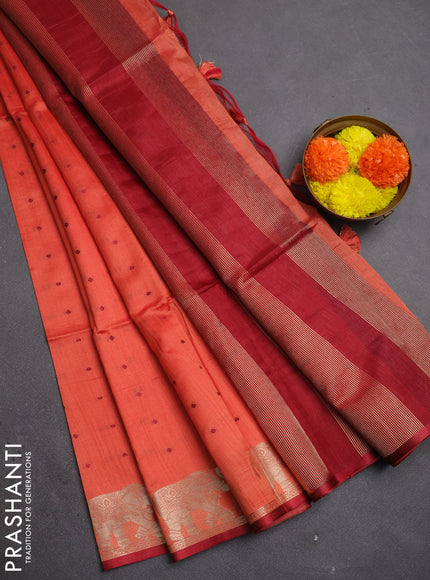 Semi dupion saree peach orange and maroon with allover bandhani thread woven buttas and zari woven butta border