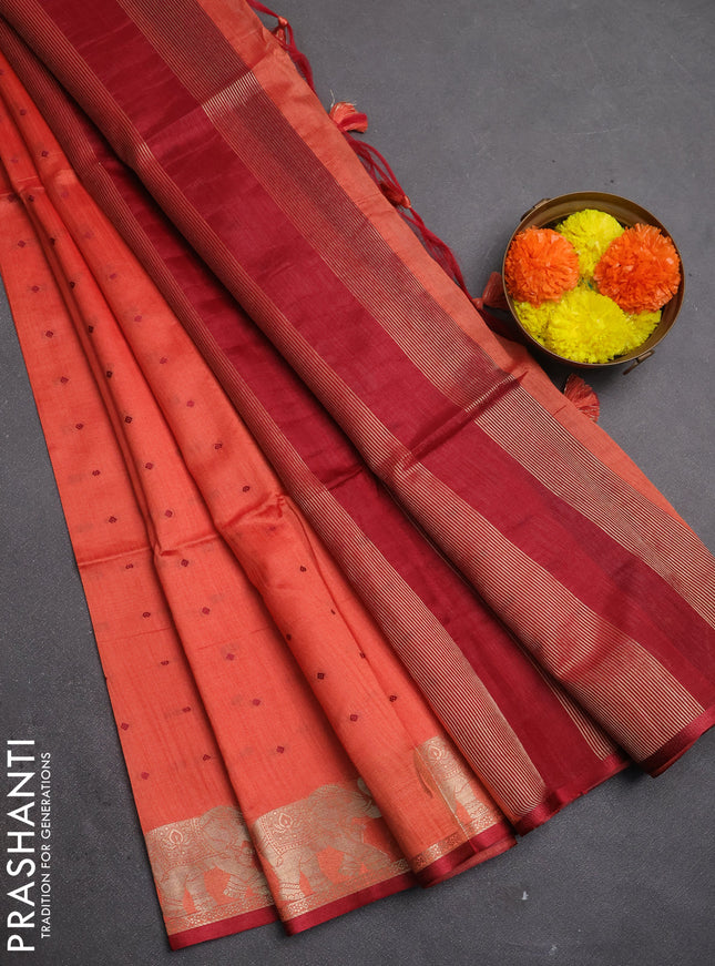 Semi dupion saree peach orange and maroon with allover bandhani thread woven buttas and zari woven butta border