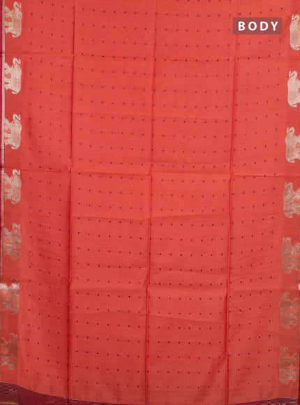 Semi dupion saree peach orange and maroon with allover bandhani thread woven buttas and zari woven butta border