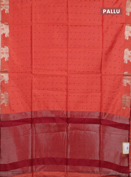Semi dupion saree peach orange and maroon with allover bandhani thread woven buttas and zari woven butta border