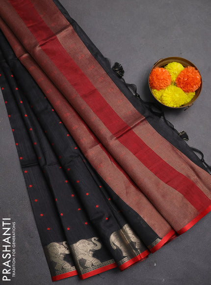 Semi dupion saree black and maroon with allover bandhani thread woven buttas and zari woven butta border