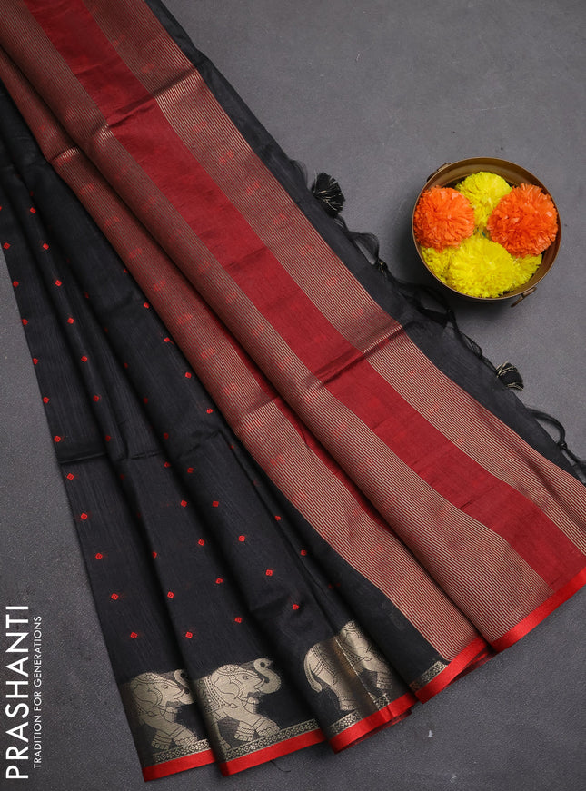Semi dupion saree black and maroon with allover bandhani thread woven buttas and zari woven butta border