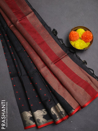 Semi dupion saree black and maroon with allover bandhani thread woven buttas and zari woven butta border