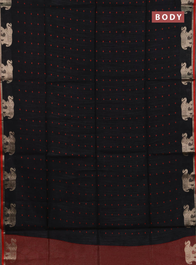 Semi dupion saree black and maroon with allover bandhani thread woven buttas and zari woven butta border
