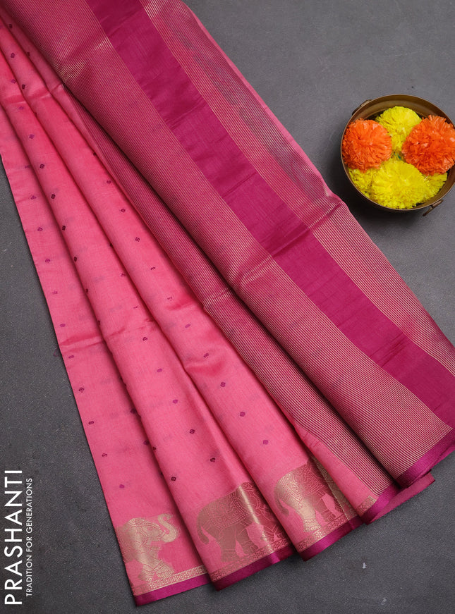 Semi dupion saree peach pink and magenta pink with allover bandhani thread woven buttas and zari woven butta border