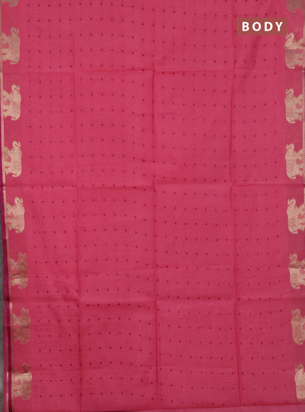 Semi dupion saree peach pink and magenta pink with allover bandhani thread woven buttas and zari woven butta border