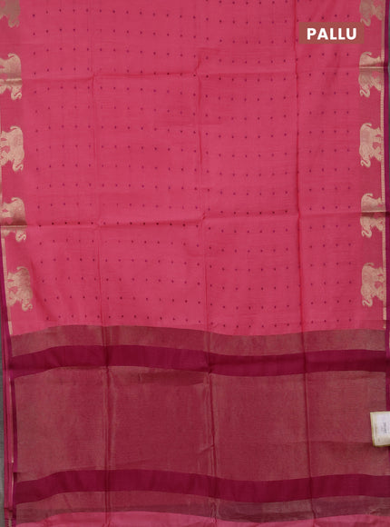 Semi dupion saree peach pink and magenta pink with allover bandhani thread woven buttas and zari woven butta border
