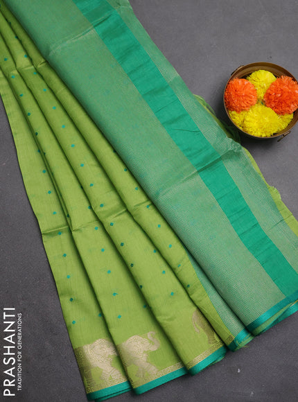 Semi dupion saree light green and teal green with allover bandhani thread woven buttas and zari woven butta border