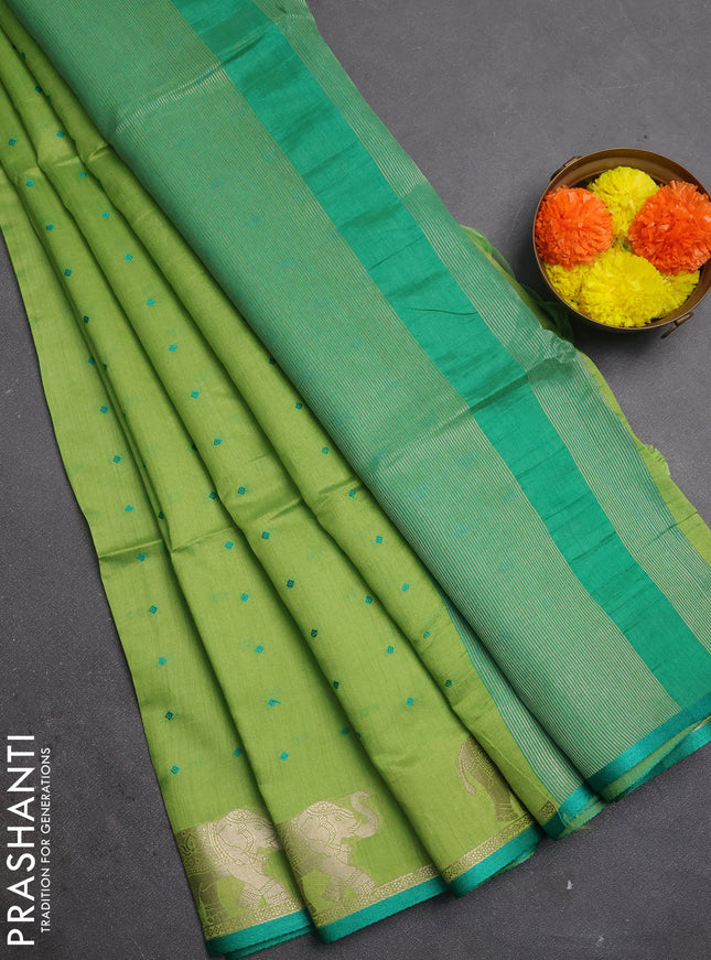 Semi dupion saree light green and teal green with allover bandhani thread woven buttas and zari woven butta border