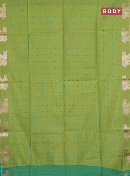 Semi dupion saree light green and teal green with allover bandhani thread woven buttas and zari woven butta border
