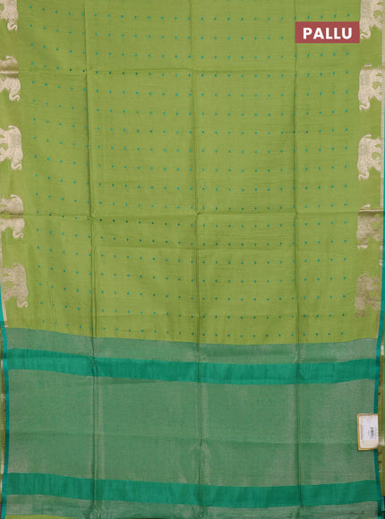 Semi dupion saree light green and teal green with allover bandhani thread woven buttas and zari woven butta border
