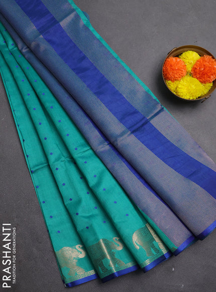 Semi dupion saree teal green and blue with allover bandhani thread woven buttas and zari woven butta border