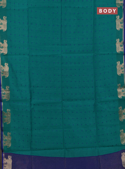 Semi dupion saree teal green and blue with allover bandhani thread woven buttas and zari woven butta border