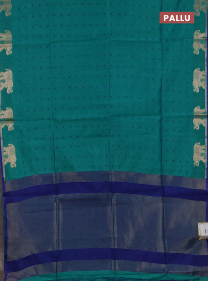 Semi dupion saree teal green and blue with allover bandhani thread woven buttas and zari woven butta border