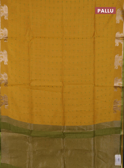 Semi dupion saree mustard yellow and light green with allover bandhani thread woven buttas and zari woven butta border