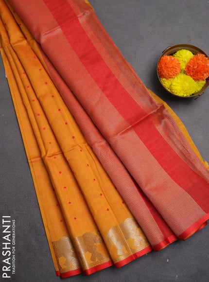 Semi dupion saree sunset orange and red with allover bandhani thread woven buttas and zari woven butta border