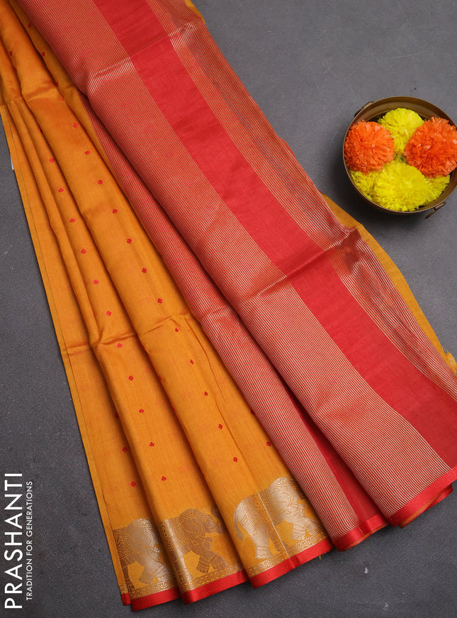 Semi dupion saree sunset orange and red with allover bandhani thread woven buttas and zari woven butta border