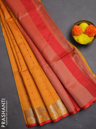 Semi dupion saree sunset orange and red with allover bandhani thread woven buttas and zari woven butta border