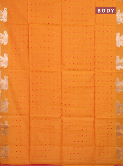 Semi dupion saree sunset orange and red with allover bandhani thread woven buttas and zari woven butta border