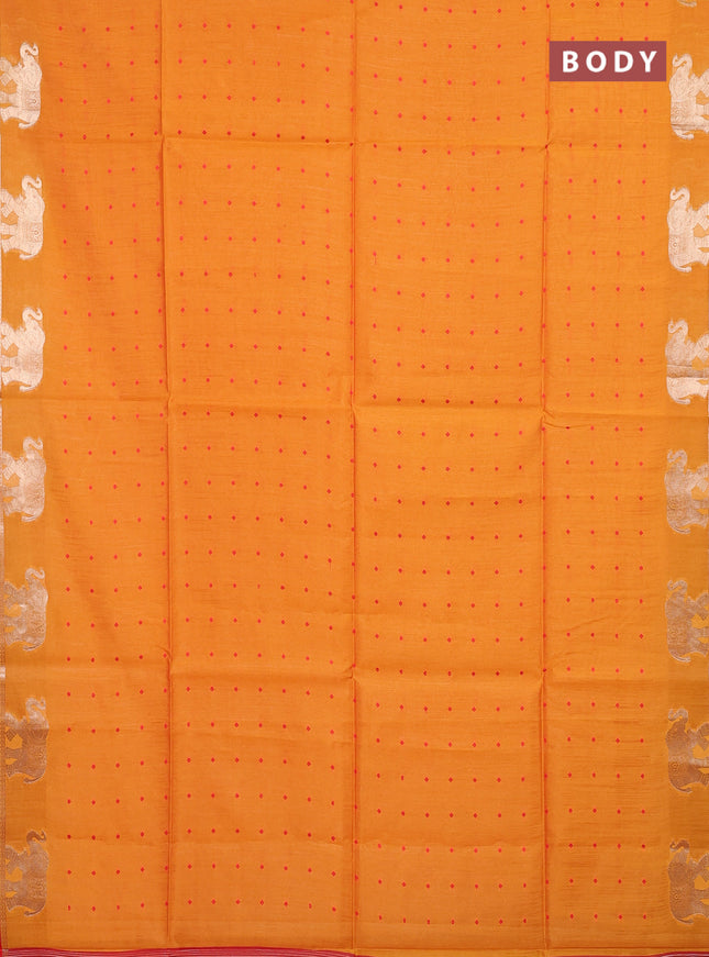 Semi dupion saree sunset orange and red with allover bandhani thread woven buttas and zari woven butta border