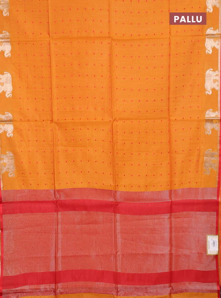 Semi dupion saree sunset orange and red with allover bandhani thread woven buttas and zari woven butta border