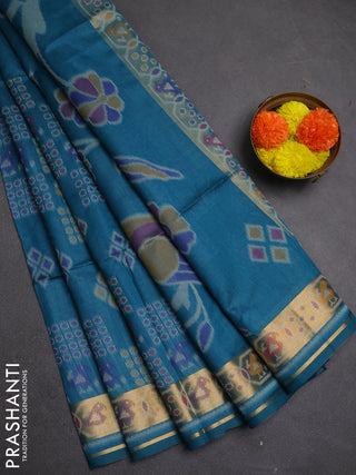 Semi dupion saree peacock blue with allover thread woven buttas and woven border