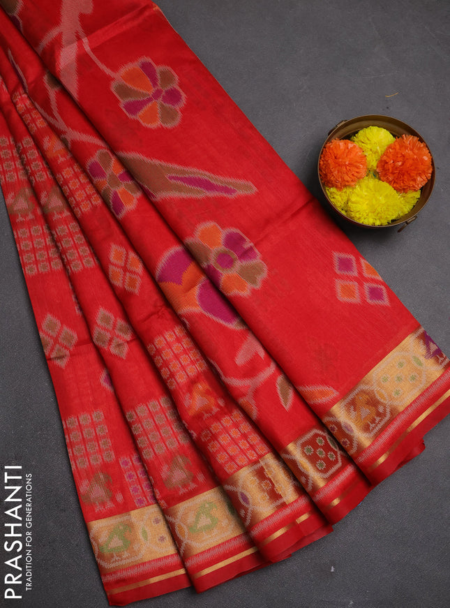 Semi dupion saree red with allover thread woven buttas and woven border