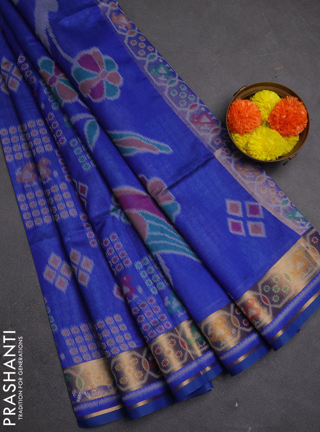Semi dupion saree blue with allover thread woven buttas and woven border