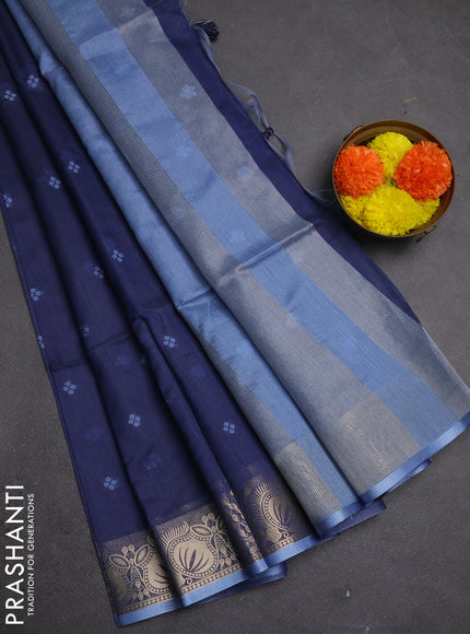 Semi dupion saree navy blue and pastel blue with allover bandhani thread woven buttas and zari woven butta border
