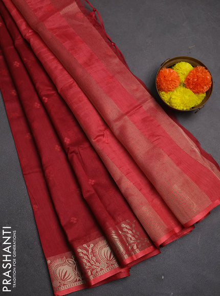 Semi dupion saree maroon and peach orange with allover bandhani thread woven buttas and zari woven butta border