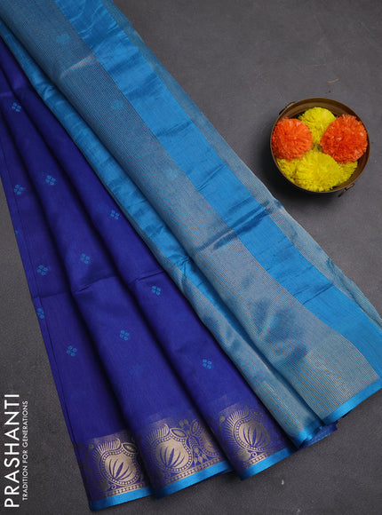 Semi dupion saree navy blue and cs blue with allover bandhani thread woven buttas and zari woven butta border