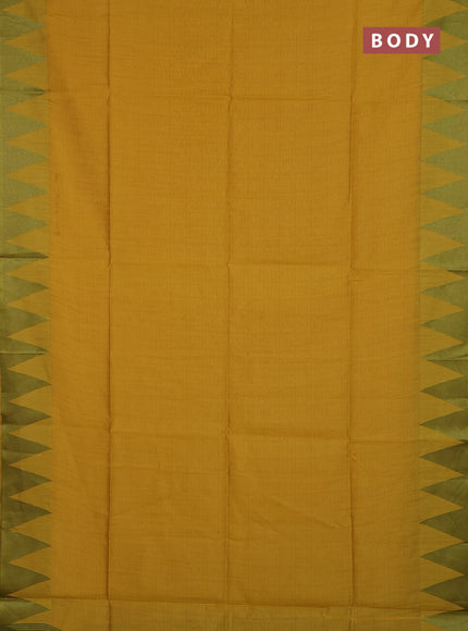 Semi dupion saree mustard yellow and light green with allover thread stripe pattern and temple design thread woven border