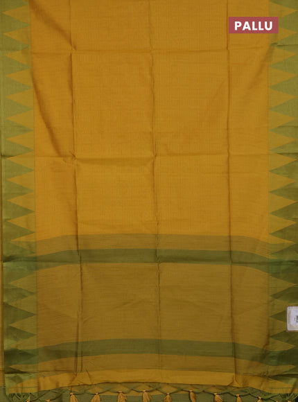 Semi dupion saree mustard yellow and light green with allover thread stripe pattern and temple design thread woven border