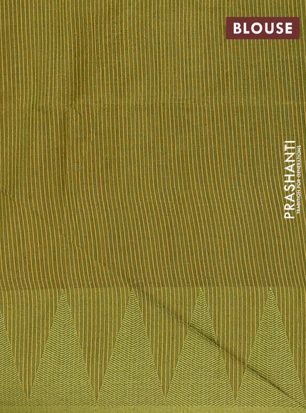 Semi dupion saree mustard yellow and light green with allover thread stripe pattern and temple design thread woven border