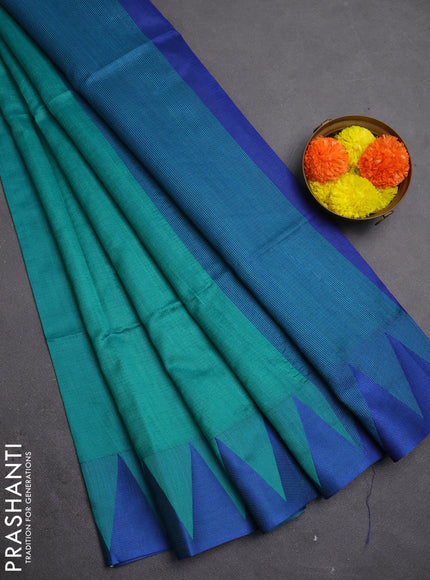 Semi dupion saree teal green and teal blue with allover thread stripe pattern and temple design thread woven border