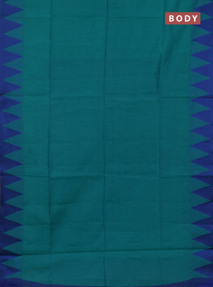 Semi dupion saree teal green and teal blue with allover thread stripe pattern and temple design thread woven border